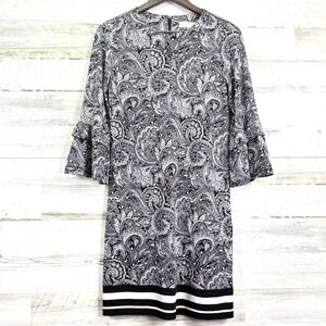 Michael Kors Black White‎ Paisley Print Sheath Dress Flared Bell 3/4 Sleeve XS